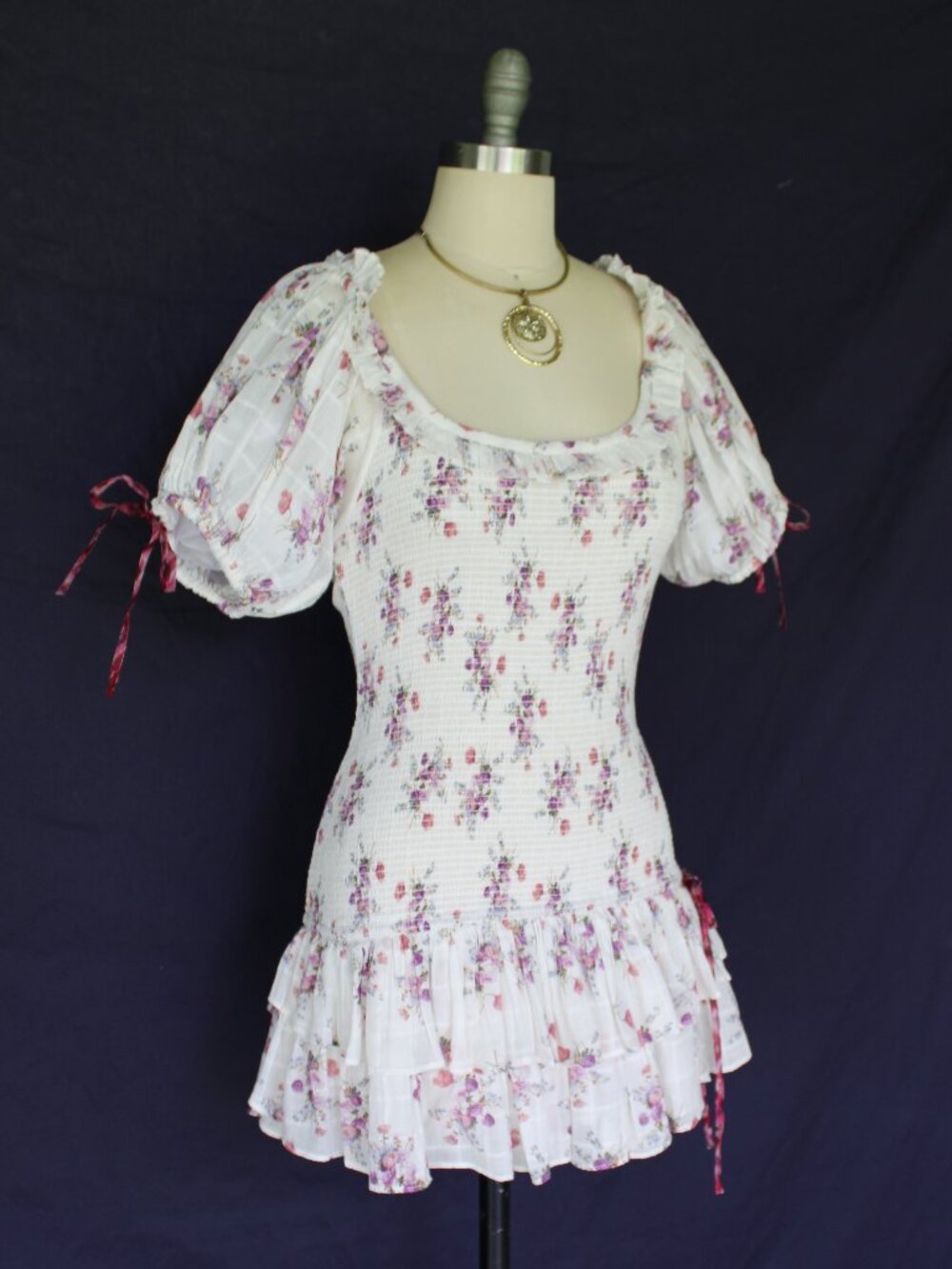 LoveShackFancy X AERIN Violet Smocked floral Puff Sleeve ruffle Mini tunic Dress - Picture 9 of 12